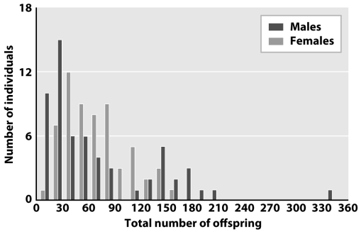 The figure below shows that male Rhodeus amarus fish have a greater variance in their total number of offspring than female Rhodeus amarus fish.Why is the mean number of offspring the same for both sexes?