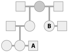 What is the coefficient of relatedness for individuals A and B in the following pedigree?