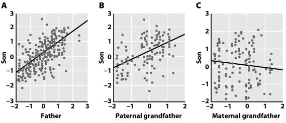Is there an alternative (genetic)explanation to cultural evolution for the correlation in songs of Darwin finches and their sons and grandsons? (The units on the x- and y-axes summarize multiple components of the finches' songs.)