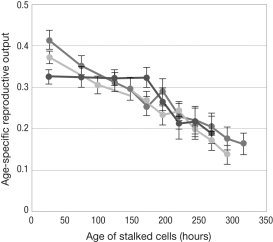 <strong>Asymmetric division in Caulobacter crescentus allowed Ackermann et al. (2003) to measure the reproductive rate of these bacteria relative to their age. This figure shows the age-specific reproductive output for three replicate experiments. What do these data demonstrate? </strong> A) Bacteria can undergo senescence. B) Bacteria do not contain a germ line and therefore do not age. C) The reproductive rate of bacteria increases as they age. D) Reproduction in bacteria does not depend on age.