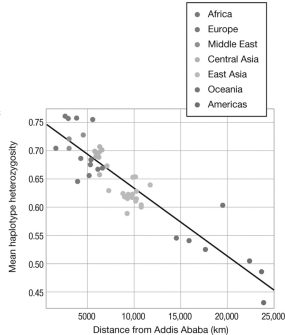 What do these data on mean haplotype heterozygosity from 938 human samples from around the world tell us about human migration?