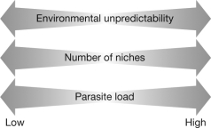 Under what conditions are asexual and sexual reproduction favored by the three evolutionary models shown in the figure, involving environmental unpredictability, number of niches, and parasite load? State whether a high or low value for each condition will favor sexual or asexual reproduction. A) Low environmental unpredictability B) High environmental unpredictability C) Low number of niches D) High number of niches E) Low parasite load F) High parasite load