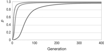 <strong>The figure shows the change in allele frequencies over many generations. What differs between the populations represented by the three colors?  </strong> A) the strength of selection B) whether the allele is dominant or recessive C) the population size D) whether selection is frequency dependent or frequency independent <div style=padding-top: 35px> 