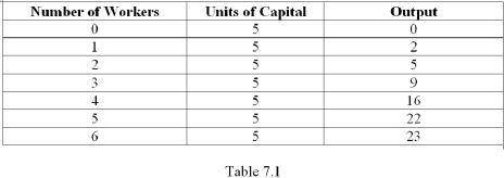 <strong> Refer to Table 7.1.What is the marginal product of the 3<sup>rd</sup> worker?</strong> A) 4 units of output B) 3 units of output C) 15 units of output D) 5 units of output