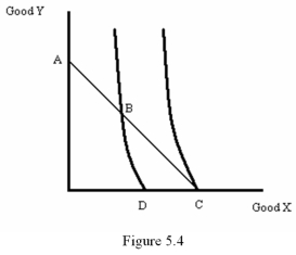 <strong> Refer to Figure 5.4.Which consumption bundle would maximize the consumer's utility?</strong> A) A B) B C) C D) D