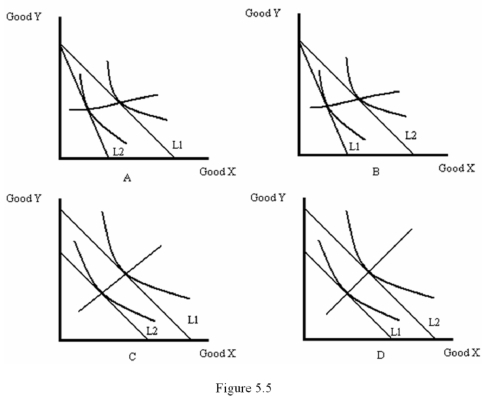 <strong> Refer to Figure 5.5.Which diagram shows the income-consumption curve resulting from a decrease in income?</strong> A) A B) B C) C D) D