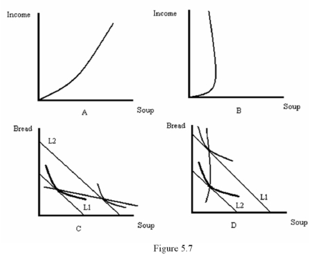 <strong> Refer to Figure 5.7.Which diagram best represents an Engle curve where soup is a normal good?</strong> A) A B) B C) C D) D