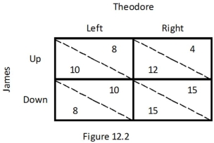 <strong>Refer to the game between James and Theodore depicted in Figure 12.2.Which of the following is true? </strong> A) If James chooses Up, Theodore's best response is to choose Right. B) If James chooses Down, Theodore's best response is to choose Right. C) If Theodore chooses Left, James's best response is to choose Down. D) If Theodore chooses Right, James's best response is to choose Up.