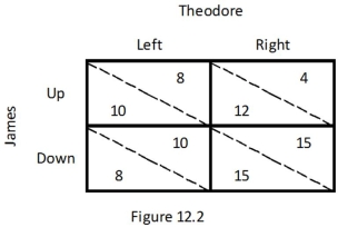 <strong>Refer to the game between James and Theodore depicted in Figure 12.2.Which of the following is true? </strong> A) If James chooses Up, Theodore's best response is to choose Right. B) If James chooses Down, Theodore's best response is to choose Left. C) If Theodore chooses Left, James's best response is to choose Up. D) If Theodore chooses Right, James's best response is to choose Up.