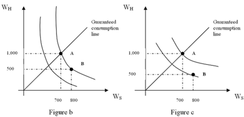 <strong>Refer to Figure b.Suppose consumers choose to consume water in two different states,sunny weather,W<sub>S</sub> and during a hurricane,W<sub>H</sub>.As the consumer moves from point A to B along the indifference curve,the variability of consumption: </strong> A) decreases. B) increases. C) remains constant. D) increases for one good, but decreases for the other.