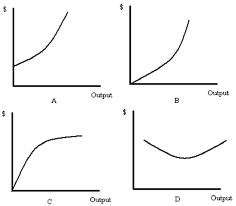 <strong>Refer to Figure 8.1.Which graph best represents a total cost function?  </strong> A) A B) B C) C D) D <div style=padding-top: 35px> 