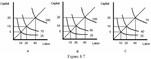 <strong>Refer to Figure 8.7.Which of the following statements is true?  </strong> A) The technology represented in graph A will cause the firm to experience diseconomies of scale. B) The technology represented in graph B will cause the firm to experience diseconomies of scale. C) The technology represented in graph B will cause the firm to experience economies of scale. D) The technology represented in graph C will cause the firm to experience diseconomies of scale. <div style=padding-top: 35px> 