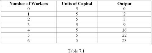 <strong>Refer to Table 7.1.What is the average product of the 4<sup>th</sup> worker? </strong> A) 4 units of output B) 3 units of output C) 16 units of output D) 6 units of output