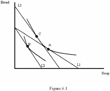 <strong>Refer to Figure 6.1.Assume that L1 represents the budget line before a price change.The income effect is shown by the movement: </strong> A)from bundle A to bundle C. B)from bundle A to bundle B. C)from bundle B to bundle C. D)from bundle C to bundle B.