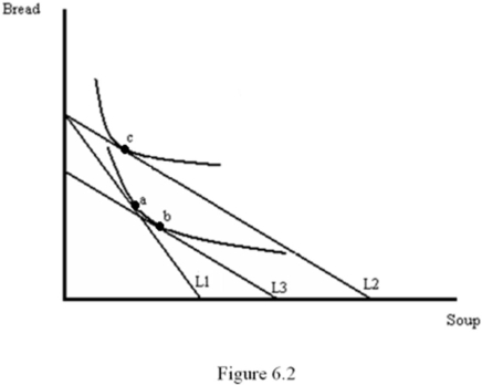<strong>Figure 6.2 illustrates a change in the price of soup.From the graph,we can conclude that: </strong> A) the price of soup has increased and soup is a Giffen good. B) the price of soup has fallen and soup is a Giffen good. C) the price of soup has fallen and soup is a normal good. D) the price of soup has fallen and bread is a Giffen good.