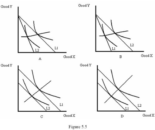 <strong>Refer to Figure 5.5.Which diagram shows the income-consumption curve resulting from a decrease in income? </strong> A) A B) B C) C D) D