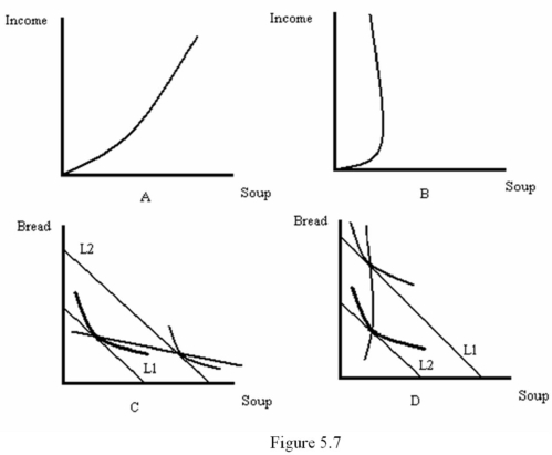 <strong>Refer to Figure 5.7.Which diagram best represents an Engle curve where soup is a normal good? </strong> A) A B) B C) C D) D