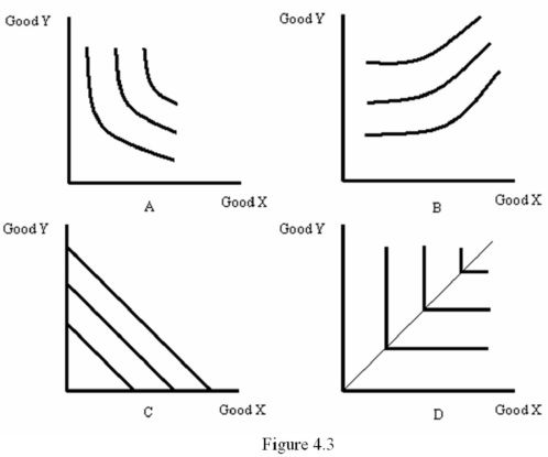 <strong>Refer to Figure 4.3.Which diagram most likely represents the indifference map for left shoes and right shoes? </strong> A) A B) B C) C D) D