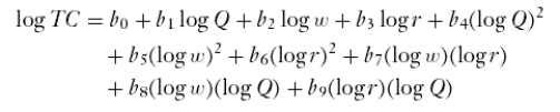 <strong>The equation of translog cost function is</strong> A) B) C) D) T = t + cQ + aw + br