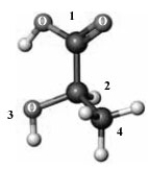 Consider the following ball-and-stick model. Atoms other than carbon and hydrogen are indicated by the chemical symbol of the element.   Which of the numbered groups is assigned the highest priority?