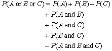 <strong>Given the following Venn diagram, which of the following equations could be used to calculate the probability of either event A, event B, or event C occurring. </strong> A) B) C) D)