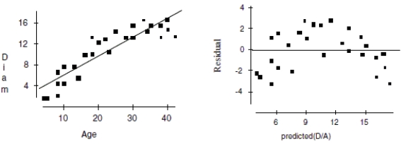 Maple trees A forester would like to know how big a maple tree might be at age 50 years. She gathers data from some trees that have been cut down, and plots the diameters (in inches) of the trees against their ages (in years). First she makes a linear model. The scatterplot and residuals plot are shown. a. Describe the association shown in the scatterplot. b. Do you think the linear model is appropriate? Explain. c. If she uses this model to try to predict the diameter of a 50-year old maple tree, would you expect that estimate to be fairly accurate, too low, or too high? Explain. Now she re-expresses the data, using the logarithm of age to try to predict the diameter of the tree. Here are the regression analysis and the residuals plot. \begin{array}{lcc}\text { Dependent variable is: } & \text { Diam } \\ R \text { squared }=84.3 \% & \\ \text { Variable } & \text { Coefficient } & \text { s.e. of Coeff } \\ \text { Constant } & -8.60770 & 1.681 \\ \text { Log(Age }) & 15.0701 & 1.299\end{array} d. Explain why you think this is a better model. e. Using this model, predict the diameter of a maple tree at age 50 years.