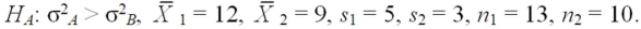 <strong>Given the following information about a hypothesis test of the difference between two variances based on independent random samples,what is the critical value of the test statistic at a significance level of .05? Assume that the samples are obtained from normally distributed populations. </strong> A)3.87 B)3.44 C)3.07 D)2.8 E)2.38