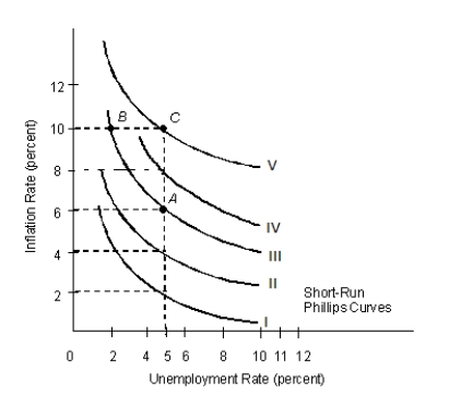 <strong>The figure given below shows the Phillips curves of the U.S. economy during early 1960s to late 1970s.?Figure 14.2 Refer to Figure 14.2. Following the movement from point A to point B on Phillips curve III, what would cause the Phillips curve to shift up so that 5 percent unemployment is associated with 10 percent inflation?</strong> A) An upward movement along the aggregate supply curve B) A downward movement along the aggregate supply curve C) A downward movement along the aggregate demand curve D) An outward shift of the aggregate supply curve E) An inward shift of the aggregate supply curve