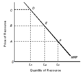 <strong>Analysis The following figure shows the marginal revenue product of a resource [MRP]: Figure 14.1   Assume that the resource market shown in Figure 14.1 is perfectly competitive. The MRP curve for the resource is negatively sloped because:</strong> A)the firm can sell more units of a good only at lower prices. B)the marginal physical product curve for the resource is negatively sloped. C)the resource gives increasing returns as more of the resource is employed. D)the firm hires more units of the resource at a higher price. E)average productivity of the resource increases as more units of the resource are used. <div style=padding-top: 35px> 