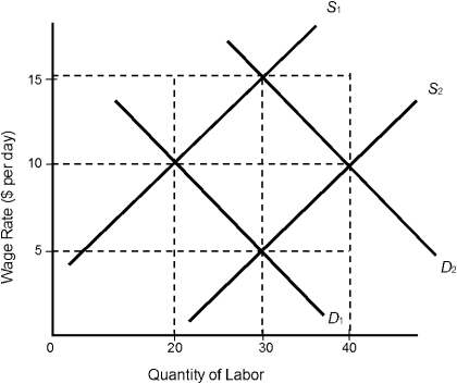 <strong>Figure 3.2 In Figure 3.2, assume that we have labor market demand and supply curves of D<sub>1</sub> and S<sub>2</sub>, respectively. What is the equilibrium wage and employment level?</strong> A) $5; 30 workers B) $10; 20 workers C) $10; 40 workers D) $15; 30 workers E) $5; 20 workers