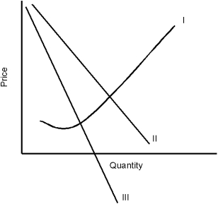 <strong>Figure 5.3 In Figure 5.3, what is the curve marked I?</strong> A) Demand B) Marginal revenue C) Average revenue D) Marginal cost E) Average total cost