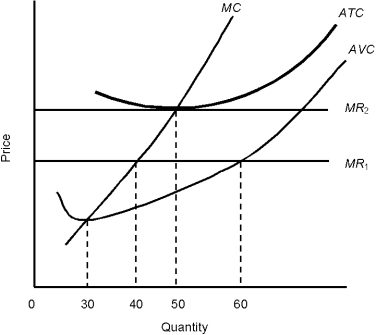<strong>Figure 6.1 Refer to Figure 6.1. Given MR<sub>2</sub>, what is total revenue if the firm produces 60 units and the lowest point of the average-total-cost curve is $4?</strong> A) $240 B) $300 C) $400 D) $440 E) The amount cannot be determined from the information given.