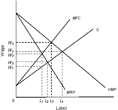 <strong>The figure given below represents equilibrium in the labor market. Figure 14.5 In the figure, VMP: Value of marginal product curve MRP: Marginal revenue product curve MFC: Marginal factor cost S: Supply curve of labor Refer to Figure 14.5.What wage rate will this firm pay?</strong> A)W<sub>1</sub> B)W<sub>2</sub> C)W<sub>3</sub> D)W<sub>4</sub> E)W<sub>5</sub>