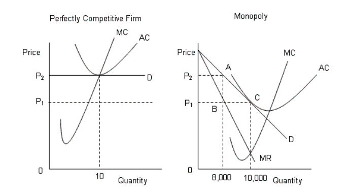 <strong>The following figures show the demand and cost curves of a perfectly competitive and a monopoly firm respectively. Figure 10.7 D: Average Revenue AC: Average cost MC: Marginal cost MR: Marginal cost Calculate the deadweight loss in Figure 10.6,if the perfectly competitive industry is monopolized after it had been producing an output of 10,000 units?</strong> A)The area P<sub>2</sub>ACP<sub>1</sub> B)The area ABC C)The area P<sub>2</sub>ABP<sub>1</sub> D)The distance AB E)There is no deadweight loss
