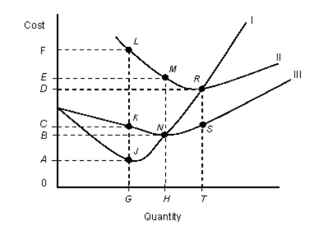 <strong>The figure given below shows cost curves of a firm. Figure: 7.2 In the figure, |: Marginal cost curve ||: Average total cost curve |||: Average variable cost curve Refer to Figure 7.2.At an output level of H,average total cost is:</strong> A)0E. B)BE. C)area 0EMH. D)0B. E)area 0BNH.