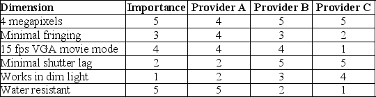 Modelo,S.A.,is considering three providers of automated visual inspection systems for their packaging needs.A team of manufacturing engineers,production managers,and process engineers has developed the following list of criteria and assigned them ratings on a scale of 1 (completely unimportant)to 5 (critical).This team has also rated the candidate products on each of these dimensions using a scale of 1 (poor)to 5 (excellent).Which provider should they choose and what caveats,if any,should go with their recommendation?