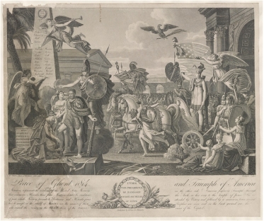 <strong>  Which of the following countries would have most likely disagreed with the artistic interpretation of the Peace of Ghent shown in the image?</strong> A) Britain B) Belgium C) United States D) Italy <div style=padding-top: 35px> 