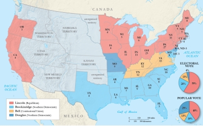-Based on the information in the map,which presidential candidate failed to gain any electoral votes from any states where slavery was allowed?