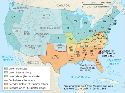 <strong> Which of the following conclusions is supported by the information provided in the map?</strong> A) All slave states joined the Confederacy. B) Some slave states remained in the Union. C) Some free states joined the Confederacy. D) The first states to secede were all in the West.