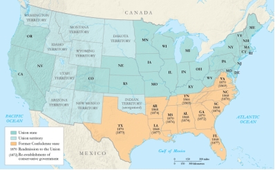 <strong> Which of the following can be inferred from the map?</strong> A) The last states to be readmitted into the Union were Florida and Louisiana. B) The former Confederate states won control of the Senate from the Republicans in the Union. C) Readmission to the Union was contingent on the reestablishment of a conservative government. D) White Southerners controlled state politics throughout the South when Reconstruction ended.