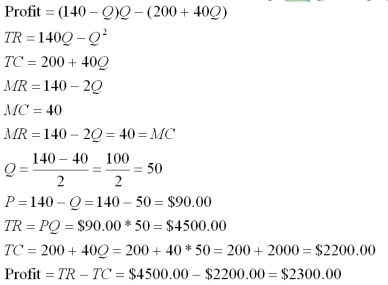 In order to just break even, you would need to produce 3 training sessions. From the profit = total revenue-total cost column, the highest possible profit is $2300.00 which can be achieved by charging $90.00 per session and selling 50 sessions. This managerial decision maximizes profit in column L. Profit = Total Revenue - Total Cost = P*Q - TC(Q) = P*Q - (200+40Q),  
