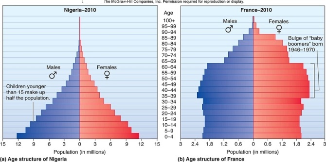 <strong> Examine the figure above.In 2010,what age group(s)made up the largest proportion of the population of France?</strong> A)65-100+ B)35-64 C)0-14 D)15-34 E)None,all age groups contain an equal proportion.