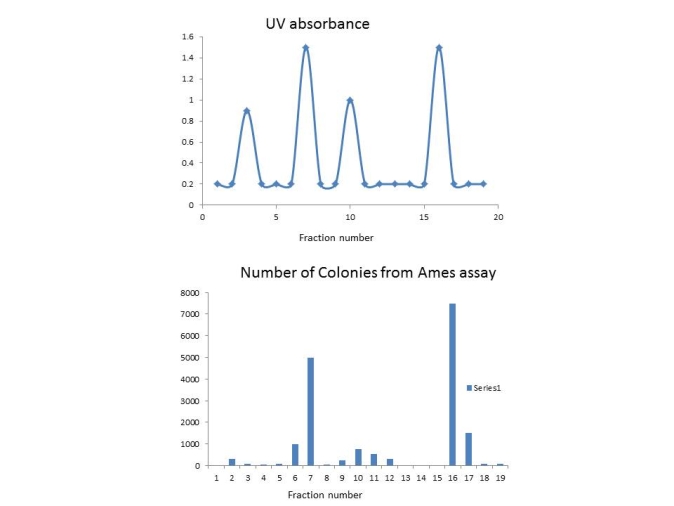 <strong>A sample of water is tested for mutagens. The water is subjected to a process known as high pressure liquid chromatography which can separate compounds based on their different biochemical properties. As material leaves the HPLC column its absorbance is measured at UV light which is used to detect a variety of different compounds. These readings were recorded as a trace on a graph (top chart in the figure). Fractions from the column are collected and then tested in an Ames assay (bottom chart in the figure). In this assay there were 900 colonies with the solvent alone control. Which fractions contain mutagens? </strong> A) 7 and 16 B) 3 and 10 C) 3, 7, 10, and 16 D) None of these fractions appear to contain a mutagen