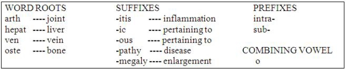 MATCHING Using the word parts in the above box, determine the correct medical terms for the definition and write the appropriate answer on the line provided. a. arthr/itis b. arthr/o/pathy c. hepat/o/megaly d. intra/ven/ous e. hepat/itis f. hepat/ic g. oste/o/pathy h. sub/hepat/ic 7. pertaining to the liver 8. disease of the bone 9. pertaining to within the vein 10. pertaining to below the liver 11. disease of a joint 12. inflammation of a joint 13. enlargement of the liver 14. inflammation of the liver