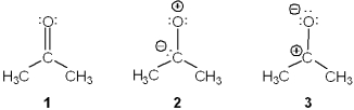 <strong>Rank the following in order of decreasing importance as a contributing resonance structure to the molecular structure of acetone, CH<sub>3</sub>COCH<sub>3</sub> (more important > less important) </strong> A)1 > 2 > 3 B)1 > 3 > 2 C)2 > 1 > 3 D)3 > 1 > 2