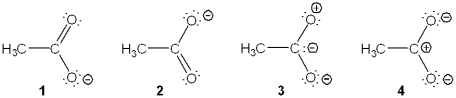 <strong>Which of the following resonance structures is the least important contributor to the resonance hybrid of the acetate anion, CH<sub>3</sub>COO<sup>-</sup>? </strong> A)1 B)2 C)3 D)4