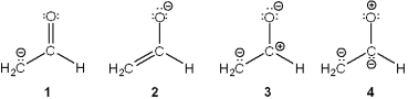 <strong>Which of the following resonance structures makes the largest contribution to the structure of [H<sub>2</sub>CCHO]<sup>-</sup>?  </strong> A)1 B)2 C)3 D)4 <div style=padding-top: 35px> 