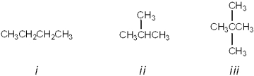 <strong>What is the correct assignment of common names for the following molecules? </strong> A)i = butane; ii = neopentane; iii = isopentane B)i = neobutane; ii = isobutane; iii = pentane C)i = butane; ii = isobutane; iii = isopentane D)i = butane; ii = isobutane; iii = neopentane