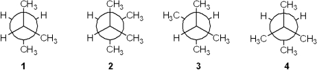 <strong>Which of the following Newman projections represents the most stable conformation of 2,3-dimethylbutane? </strong> A)1 B)2 C)3 D)4