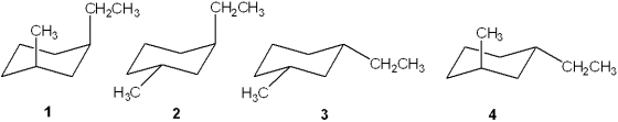 <strong>Which of the following is the most stable conformation of trans-1-ethyl-3-methylcyclohexane? </strong> A)1 B)2 C)3 D)4